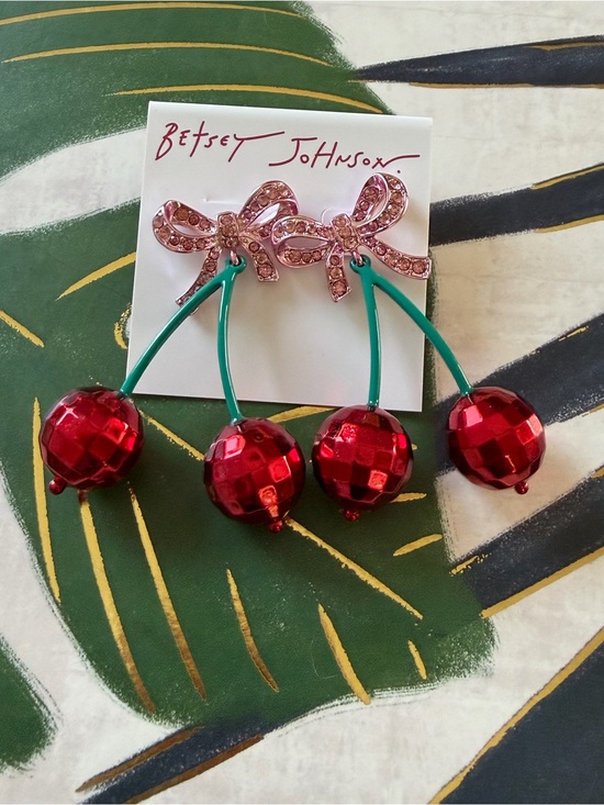 Betsey Johnson Jewelry - Betsey Johnson Cherry Bow Statement Drop Earrings NWT